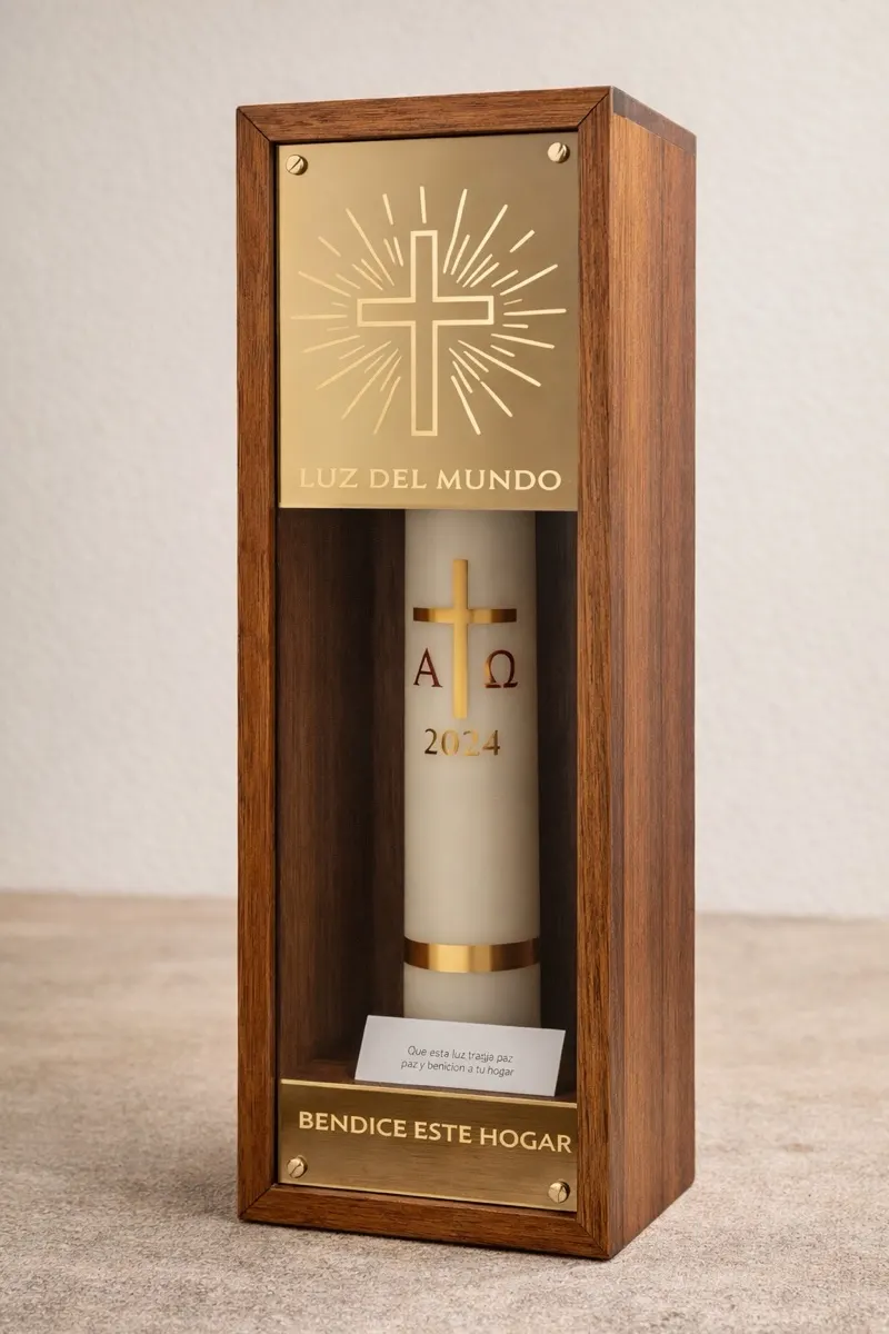 Caja de cirio Luz del Mundo con grabado en metal dorado y madera